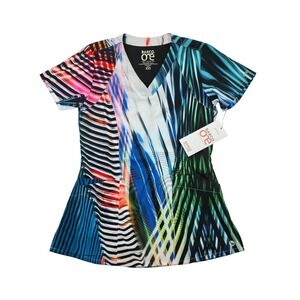 Barco One Womens XXS Multicolor Print V-Neck Scrub Top Abstract Print NWT